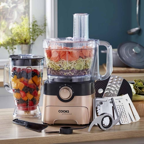 Cooks Professional Food Processor | 1000W | 7 Different Blades | Mixing  Bowl & Blending Jug | Black & Rose Gold