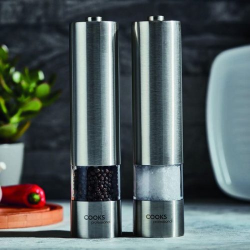 Cooks Professional Electric Salt & Pepper Mill Set | Adjustable Grind Settings | Simple One-Button Operation | Stainless Steel