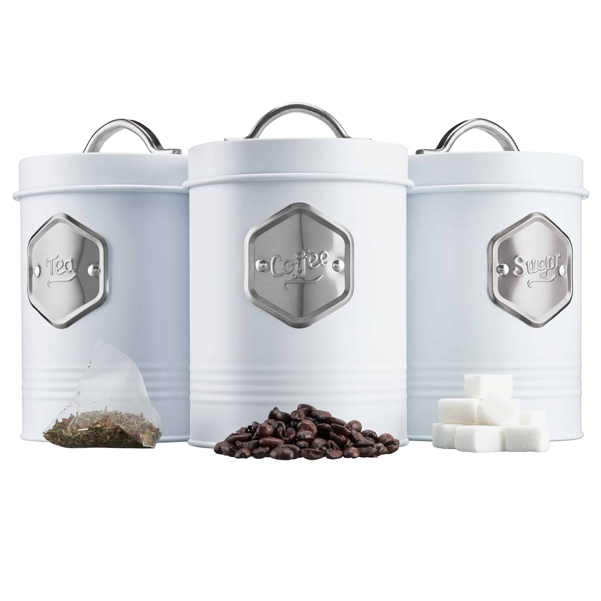 Kitchen Storage Canister Set 3 Piece Tin Containers for Tea, Coffee & Sugar  with Silver Detailing White silver - Cooks Professional