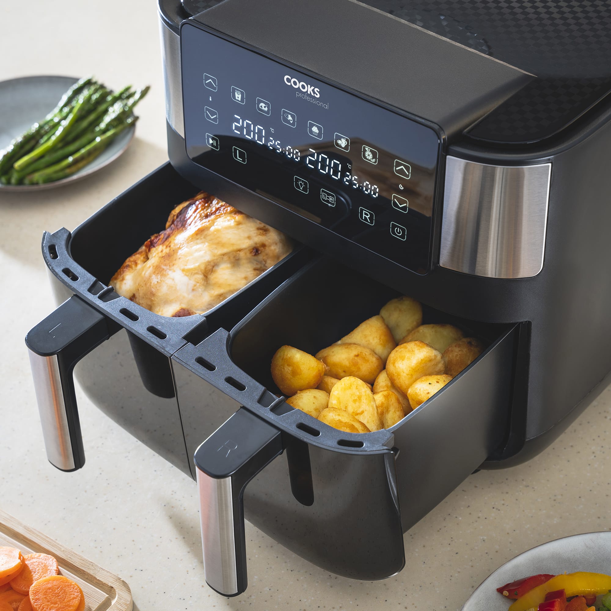 Cooks Professional Dual Air Fryer with Glass Drawers, XL 8L Capacity, 1700W, Digital Display