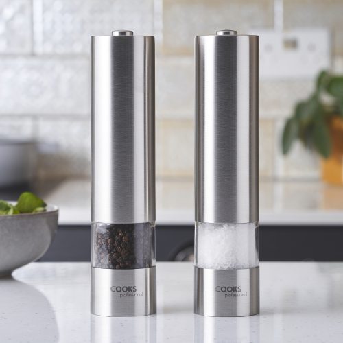 Cooks Professional Electric Salt & Pepper Mill Set | Adjustable Grind Settings | Simple One-Button Operation | Stainless Steel