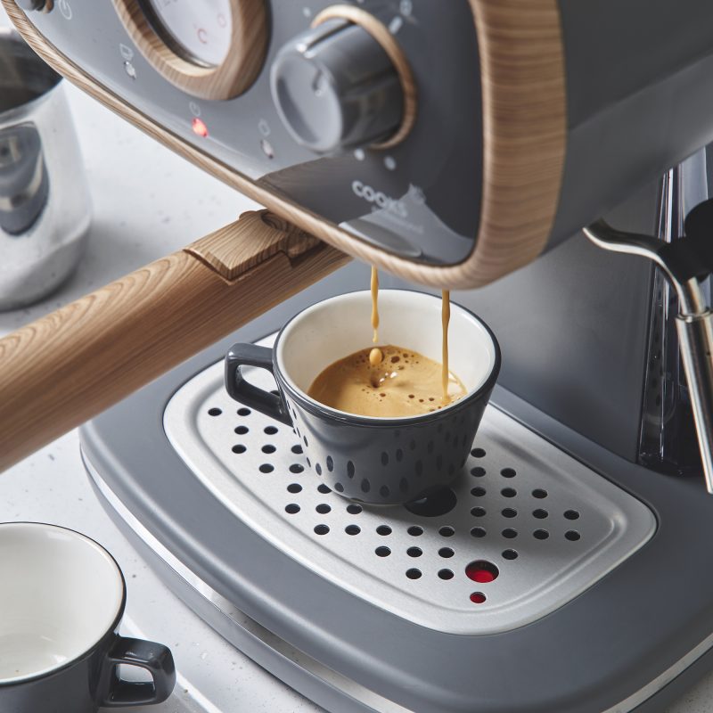 Cooks Professional Retro Espresso Machine 15 Bar Pressure Steam Wand Large 1.2L Water Tank Nordic Grey